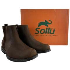 Botina Masculina Sollu Couro Óleo Brown Zíper Solado Preto Max Gel - REF:13182C