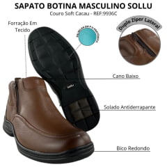Botina Masculina Sollu Couro Soft Cacau Zíper Solado Preto New Absolut - REF:9936C