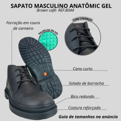 Sapato Masculino Anatomic Gel Couro Mustang Brown Café Com Cadarço Sola 360º Preta Ref:8044