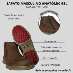 Sapato Masculino Anatomic Gel Couro Rústico Conhaque /Furado Brown C/ 2 Zíper Sola 360º Ambar Ref:7887