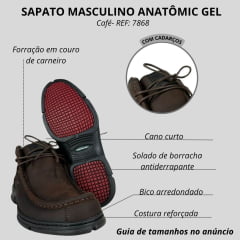 Sapato Masculino Anatomic Gel Couro Rústico T. Moro/Vacum Café Sola 360º Preta/Vermelho Ref:7868