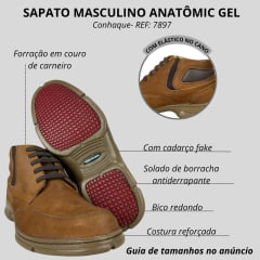 Sapato Masculino Anatomic Gel Couro Vintage Conhaque/Furado Brown Sola 360º Ambar Ref:7897