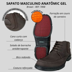 Sapato Masculino Anatomic Gel Rústico R. Moro/Furado Brown Sola 360 Preta/Vermelho Ref:7898