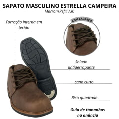 Sapato Masculino Estrella Campeira Super Confort Gel Couro Marrom Cadarço Solado Amazonas Ref:1730