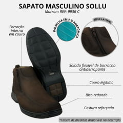 Sapato Masculino Sollu Couro Selaria Stoned Marrom Com Zíper Linha New Absolut Solado Preto REF: 9936 C