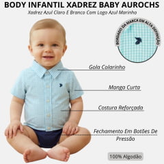 Body Baby Aurochs Estilo Camisa Manga Curta Xadrez Azul Claro E Branco Logo Azul Marinho