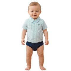 Body Baby Aurochs Estilo Camisa Manga Curta Xadrez Azul Claro E Branco Logo Azul Marinho