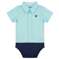Body Baby Aurochs Estilo Camisa Manga Curta Xadrez Azul Claro E Branco Logo Azul Marinho