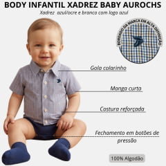 Body Baby Aurochs Estilo Camisa Manga Curta Xadrez Azul/Ocre E Branco Logo Azul