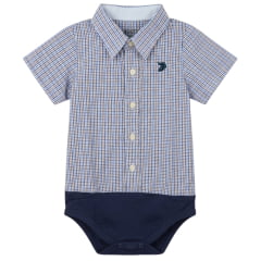 Body Baby Aurochs Estilo Camisa Manga Curta Xadrez Azul/Ocre E Branco Logo Azul