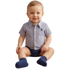Body Baby Aurochs Estilo Camisa Manga Curta Xadrez Azul/Ocre E Branco Logo Azul Body Baby Aurochs Estilo Camisa Manga Curta Xadrez Azul/Ocre E Branco Logo Azul