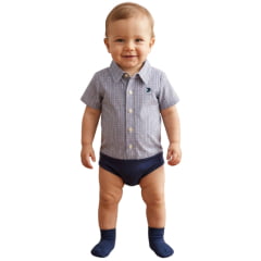 Body Baby Aurochs Estilo Camisa Manga Curta Xadrez Azul/Ocre E Branco Logo Azul