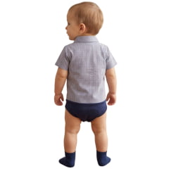 Body Baby Aurochs Estilo Camisa Manga Curta Xadrez Azul/Ocre E Branco Logo Azul