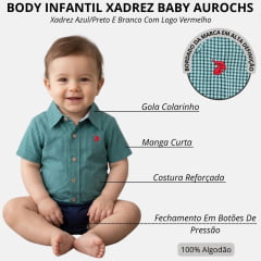 Body Baby Aurochs Estilo Camisa Manga Curta Xadrez Azul/Preto E Branco Logo Vermelho