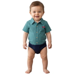 Body Baby Aurochs Estilo Camisa Manga Curta Xadrez Azul/Preto E Branco Logo Vermelho