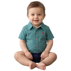 Body Baby Aurochs Estilo Camisa Manga Curta Xadrez Azul/Preto E Branco Logo Vermelho Body Baby Aurochs Estilo Camisa Manga Curta Xadrez Azul/Preto E Branco Logo Vermelho