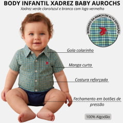 Body Baby Aurochs Estilo Camisa Manga Curta Xadrez Verde Claro/Azul E Branco Logo Vermelho