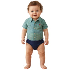 Body Baby Aurochs Estilo Camisa Manga Curta Xadrez Verde Claro/Azul E Branco Logo Vermelho