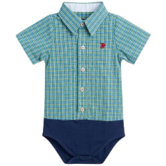 Body Baby Aurochs Estilo Camisa Manga Curta Xadrez Verde Claro/Azul E Branco Logo Vermelho