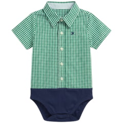Body Baby Aurochs Estilo Camisa Manga Curta Xadrez Verde E Branco Logo Azul Marinho