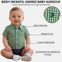 Body Baby Aurochs Estilo Camisa Manga Curta Xadrez Verde E Branco Logo Azul Marinho