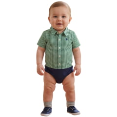 Body Baby Aurochs Estilo Camisa Manga Curta Xadrez Verde E Branco Logo Azul Marinho