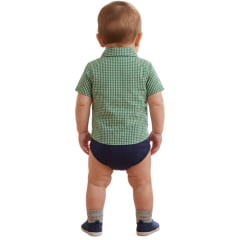 Body Baby Aurochs Estilo Camisa Manga Curta Xadrez Verde E Branco Logo Azul Marinho