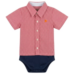 Body Baby Aurochs Estilo Camisa Manga Curta Xadrez Vermelho E Branco Logo Laranja
