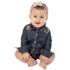 Body Baby Zenz Billy Boots Manga Longa Azul Jeans Escuro Com Bordado Na Lapela Ref:1511-ZW0225062