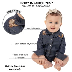 Body Baby Zenz Billy Boots Manga Longa Azul Jeans Escuro Com Bordado Na Lapela Ref:1511-ZW0225062