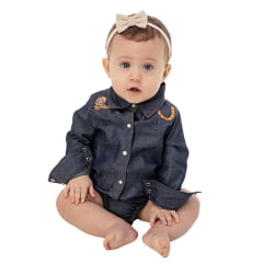 Body Baby Zenz Billy Boots Manga Longa Azul Jeans Escuro Com Bordado Na Lapela Ref:1511-ZW0225062