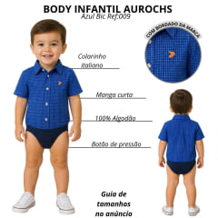 Body Bebê Aurochs Estilo Camisa Manga Curta Xadrez Azul Bic Com Logo Laranja Ref:009