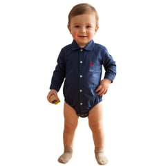Body Bebê Austin Western Manga Longa Estilo Camisa Azul Marinho Liso Com Logo Vermelho Body Bebê Austin Western Manga Longa Estilo Camisa Azul Marinho Liso Com Logo Vermelho