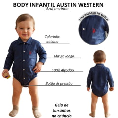 Body Bebê Austin Western Manga Longa Estilo Camisa Azul Marinho Liso Com  Logo Vermelho