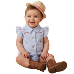 Body Bebê Miss Country Flower Azul Claro Listrado Com Bordado Flores Ref:003365 Body Bebê Miss Country Flower Azul Claro Listrado Com Bordado Flores Ref:003365