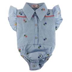 Body Bebê Miss Country Flower Azul Claro Listrado Com Bordado Flores Ref:003365