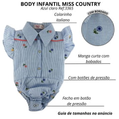 Body Bebê Miss Country Flower Azul Claro Listrado Com Bordado Flores Ref:003365