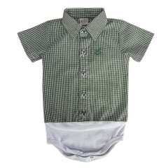 Body Bebê Baby Ranch Manga Curta Estilo Camisa Xadrez Verde Musgo Branco Ref:4002