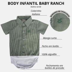 Body Bebê Baby Ranch Manga Curta Estilo Camisa Xadrez Verde Musgo Branco Ref:4002