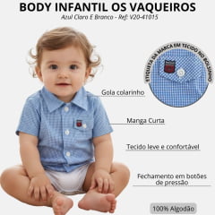 Body Bebê Os Vaqueiros Xadrez Azul Claro E Branco Manga Curta Ref: V20-41015