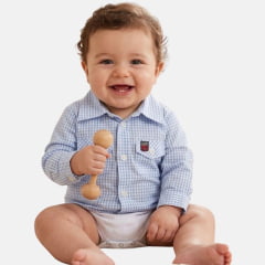 Body Bebê Os Vaqueiros Xadrez Azul Claro Manga Longa - Ref: V22-41030