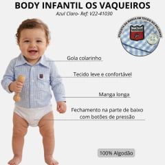 Body Bebê Os Vaqueiros Xadrez Azul Claro Manga Longa - Ref: V22-41030