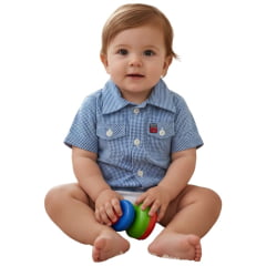 Body Bebê Os Vaqueiros Xadrez Azul E Branco Manga Curta Ref: V20-41015