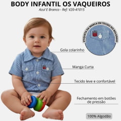 Body Bebê Os Vaqueiros Xadrez Azul E Branco Manga Curta Ref: V20-41015