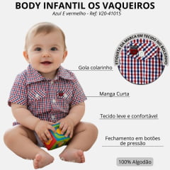 Body Bebê Os Vaqueiros Xadrez Azul E Vermelho Manga Curta Ref: V20-41015