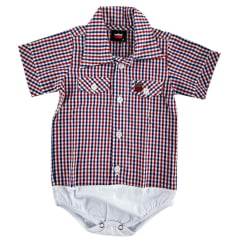 Body Bebê Os Vaqueiros Xadrez Azul E Vermelho Manga Curta Ref: V20-41015