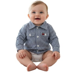 Body Bebê Os Vaqueiros Xadrez Azul Escuro E Branco Manga Longa Ref: V22-41030
