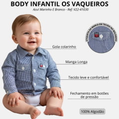 Body Bebê Os Vaqueiros Xadrez Azul Marinho E Branco Manga Longa Ref: V22-41030