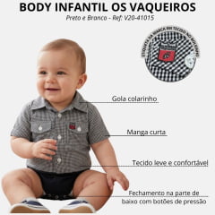 Body Bebê Os Vaqueiros Xadrez Estampa Pequena Preto E Branco Manga Curta - Ref: V20-41015