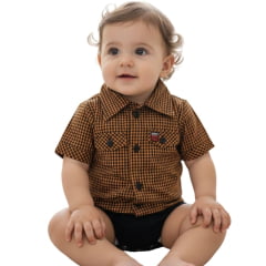 Body Bebê Os Vaqueiros Xadrez Laranja E Preto Manga Curta Ref: V20-41015